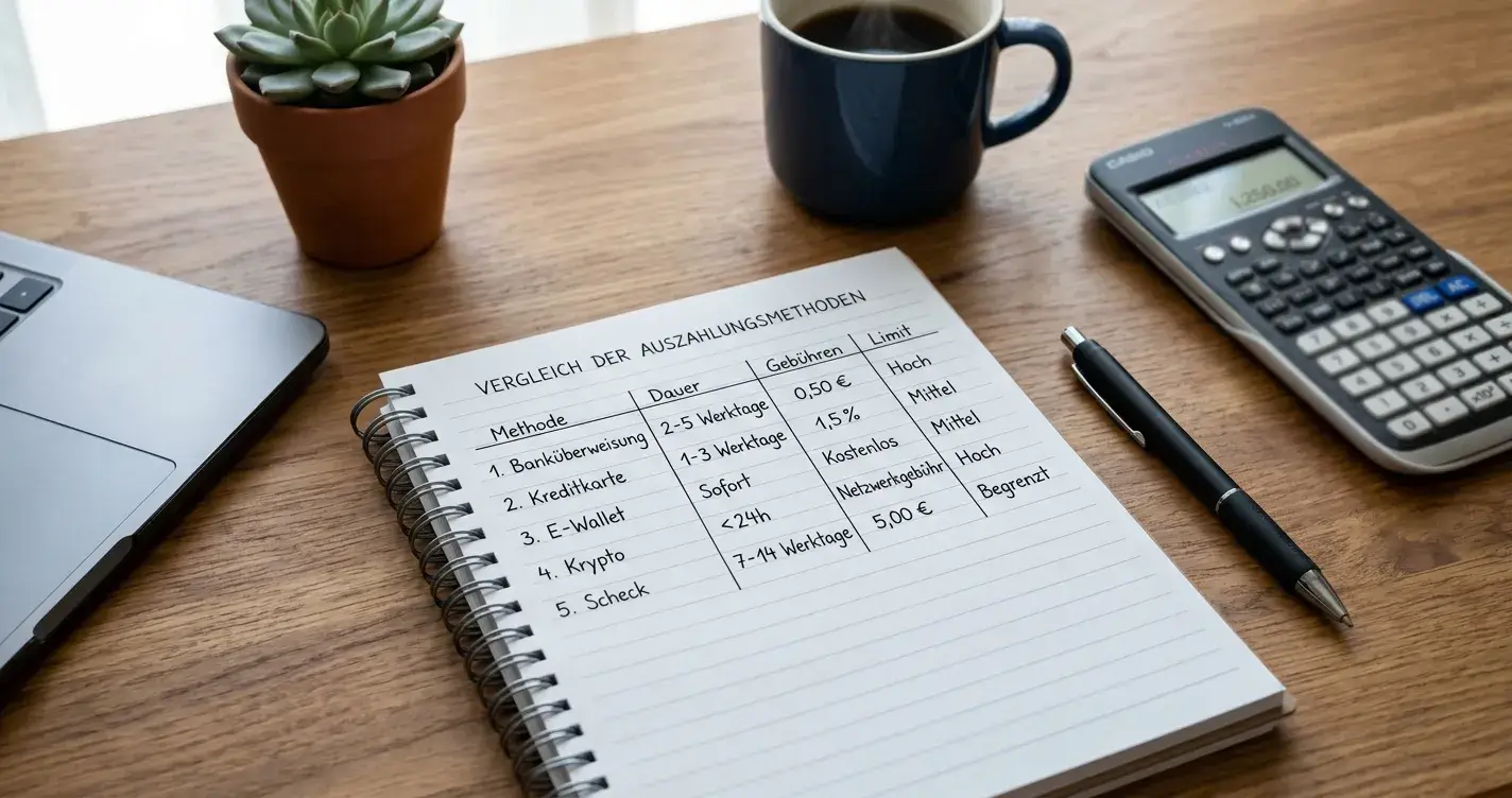 Taschenrechner neben Notizblock mit handschriftlicher Tabelle zu Casino-Auszahlungsmethoden
