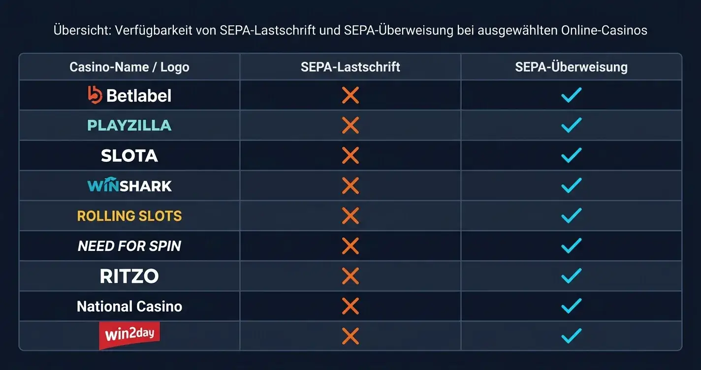 Vergleichstabelle neun Casinos mit Häkchen und Kreuzen bei Zahlungsmethoden