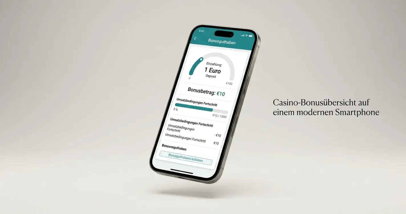 Bonusguthaben-Anzeige auf Smartphone mit 1-Euro-Einzahlung und Umsatzbedingungen
