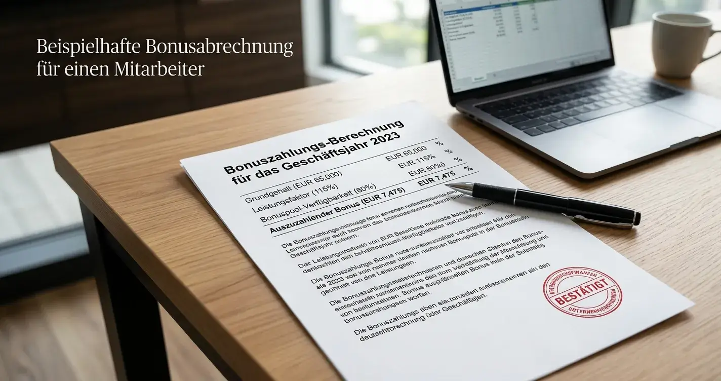 Gestempeltes Dokument mit Bonusberechnung und Prozentsätzen auf einem Schreibtisch