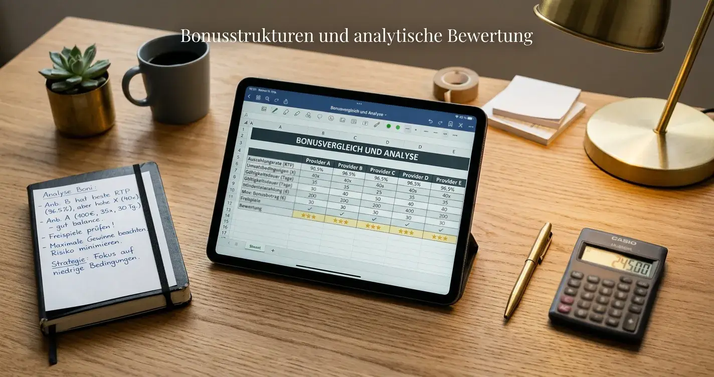Vergleichstabelle mit Casino-Bonusangeboten und Mindesteinzahlungen auf einem Tablet