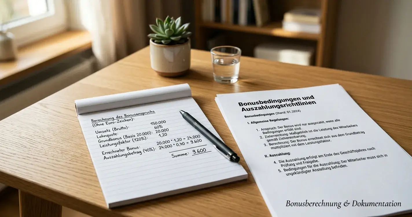 Schreibtisch mit Taschenrechner, Notizblock und Bonusbedingungen-Dokument