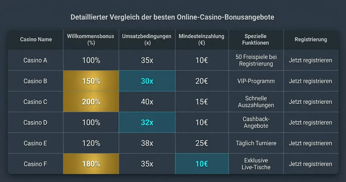 Vergleich der 500%-Bonuspakete nach Gesamtsumme und Umsatzbedingungen