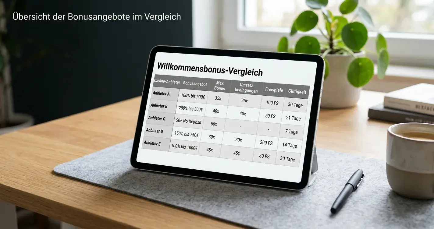 Vergleichstabelle mit Casino-Logos und Bonusangeboten auf Tablet-Bildschirm