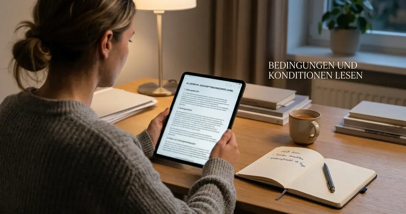 Person liest Bonusbedingungen eines Online-Casinos auf einem Tablet, Notizbuch daneben
