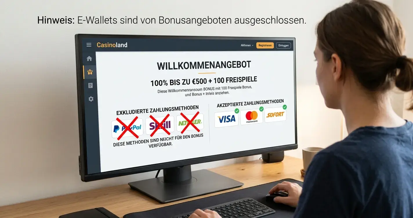 Bonusangebot-Übersicht mit durchgestrichenen E-Wallet-Symbolen