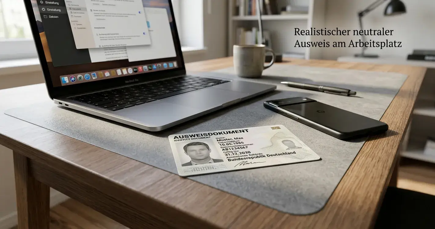 Neutrales Lizenzdokument neben sicherem Laptop-Arbeitsplatz