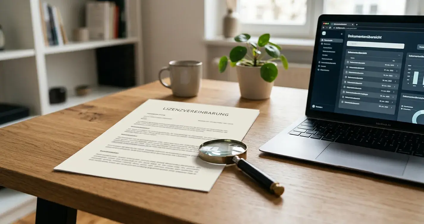 Neutrales Lizenzdokument und Laptop ohne erkennbare Markenlogos