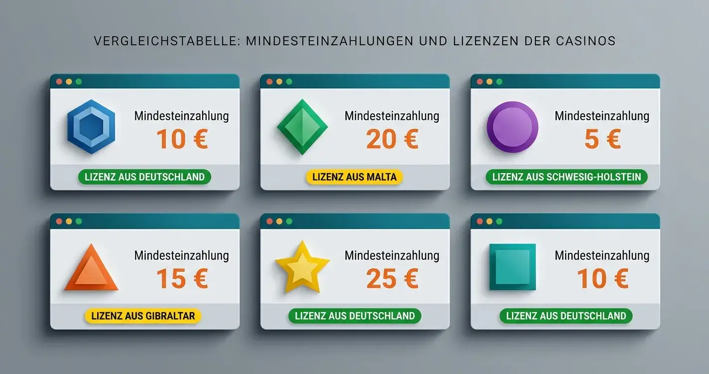 Vergleichstabelle sechs Casinos mit Mindesteinzahlungen und Lizenzen