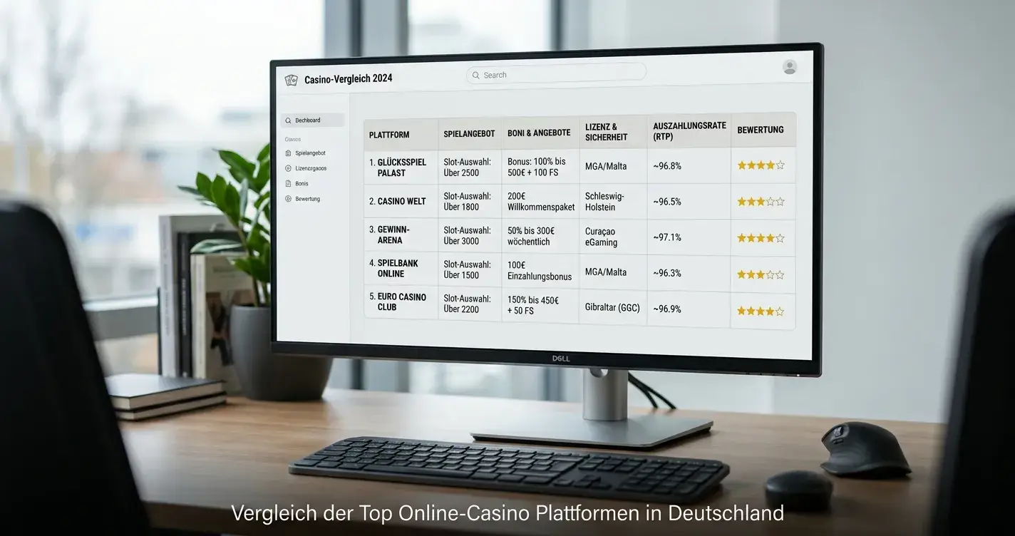 Vergleichstabelle mit mehreren Casino-Plattformen auf Desktop-Monitor