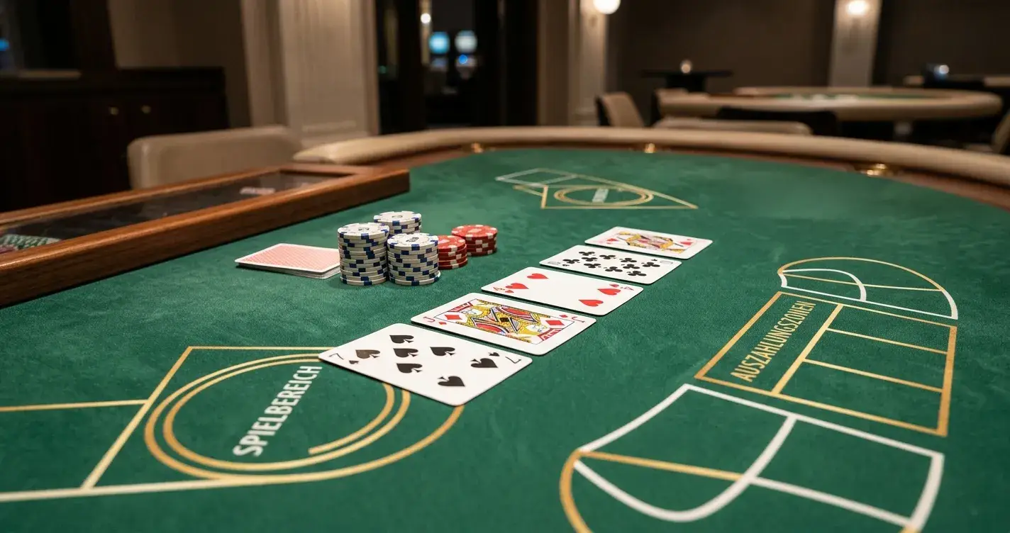 Abstrakte Roulette- und Blackjack-Anordnung auf einem grünen Spieltisch