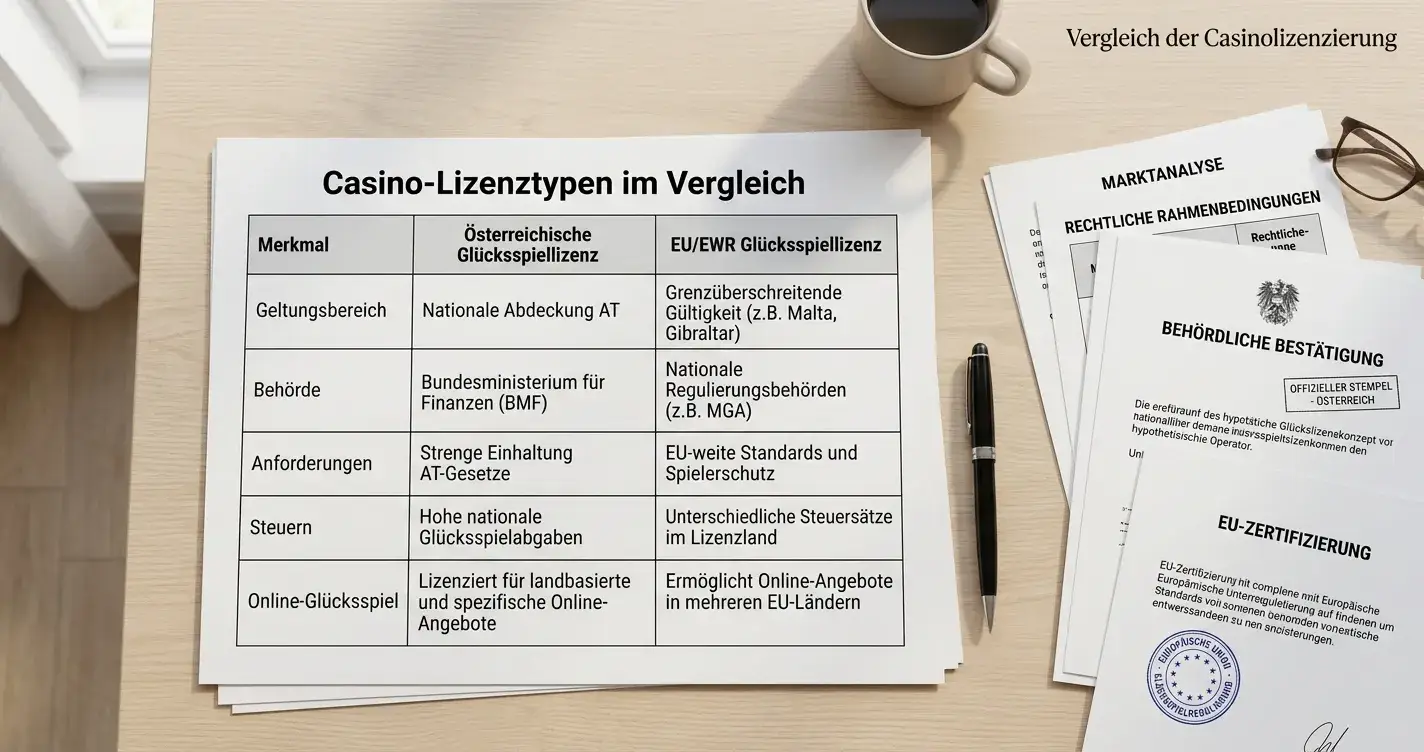 Vergleichstabelle verschiedener Casino-Lizenzen auf Schreibtisch