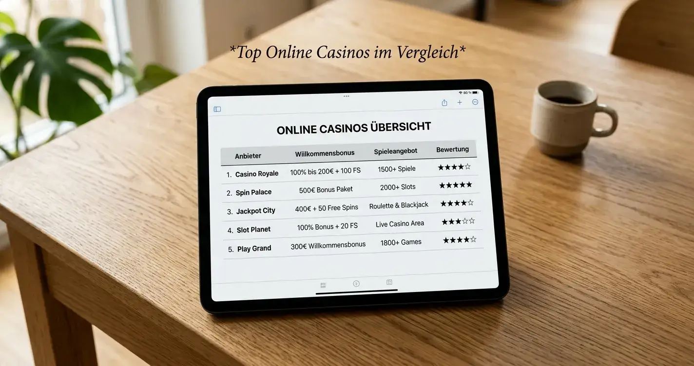 Vergleichstabelle verschiedener Online-Casinos auf Tablet-Bildschirm