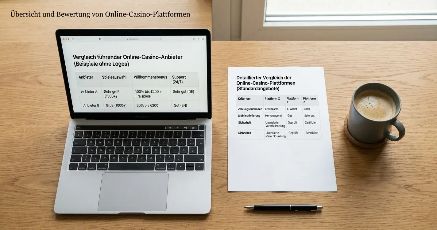 Aufgeräumter Schreibtisch mit Laptop und einem offenen Vergleichsdokument mehrerer Casino-Anbieter
