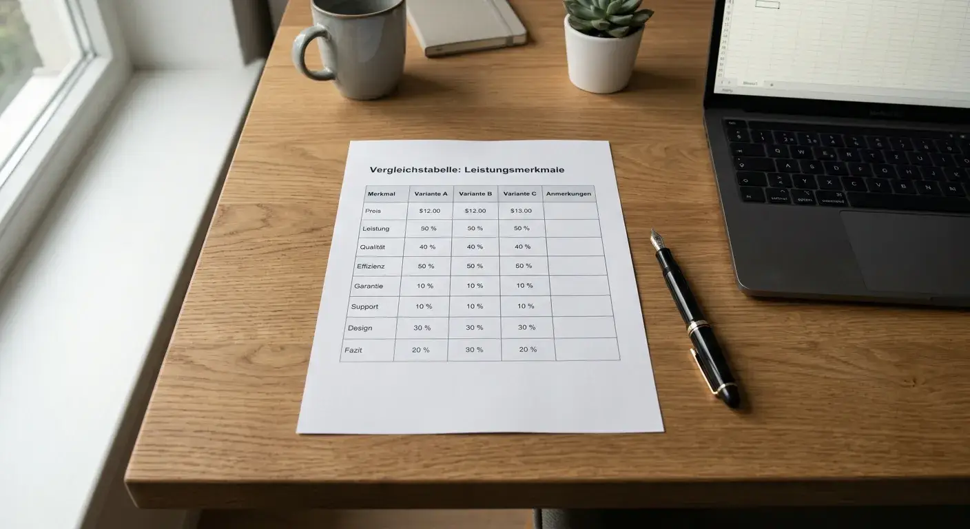 Vergleichsdokument auf einem Schreibtisch mit Stift und Laptop