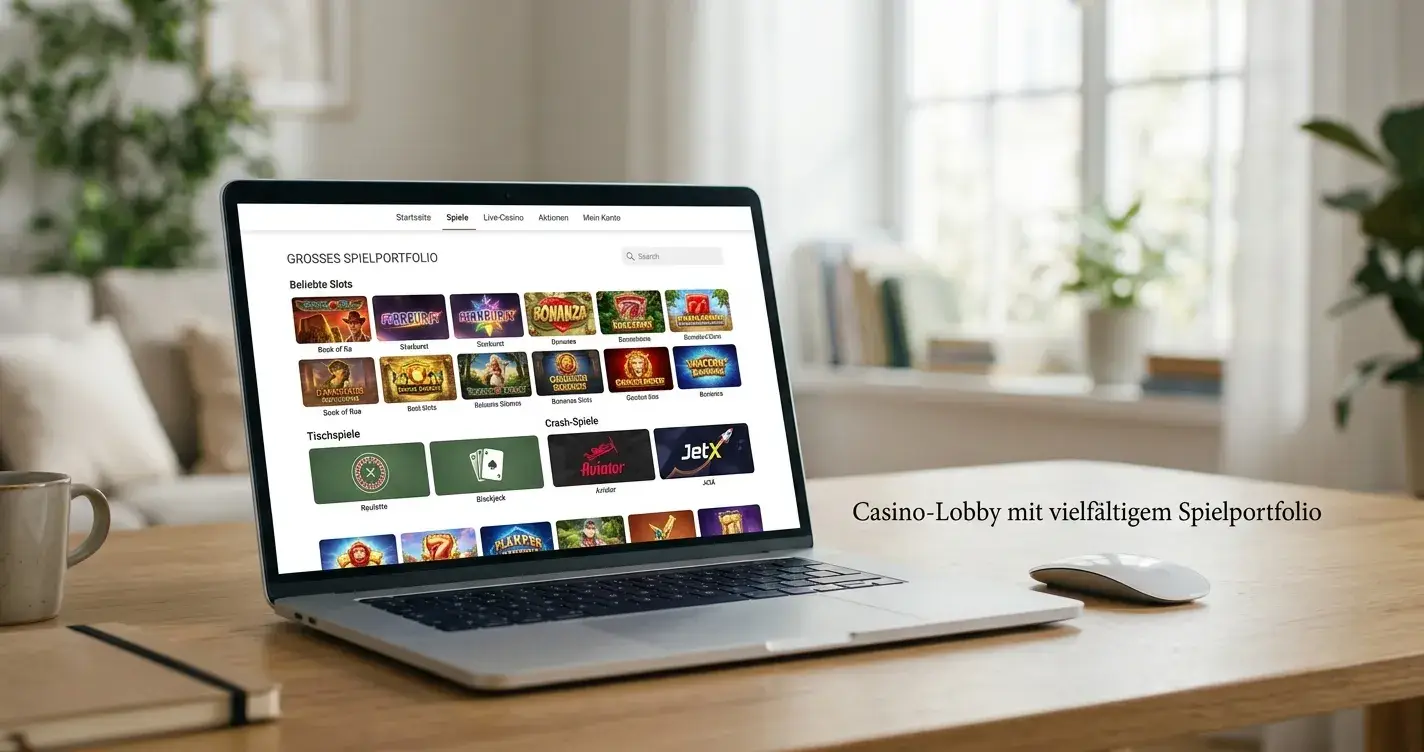 Aufgeräumte Casino-Lobby auf Laptop-Bildschirm — breites Portfolio mit Crash-Games und Spielautomaten