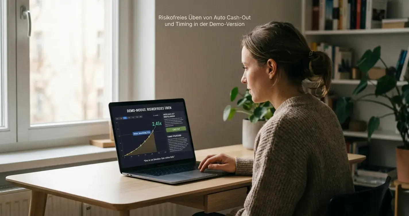 Person testet Crash-Game im Demo-Modus am Laptop — risikoloses Üben von Auto-Cash-out und Timing