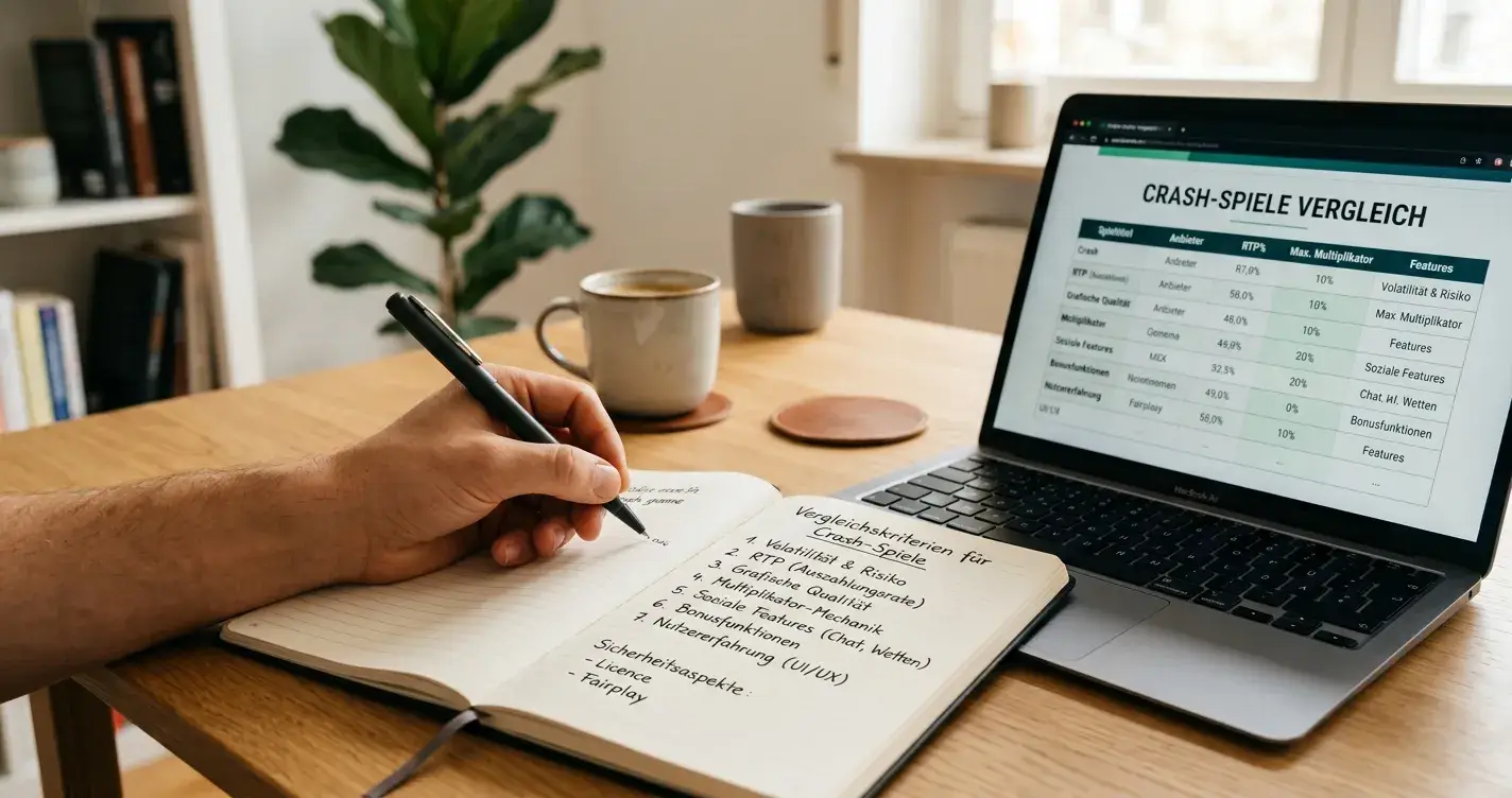 Ordentlicher Schreibtisch mit Notizbuch, Stift und Laptop — Hand notiert Vergleichskriterien für Crash-Games