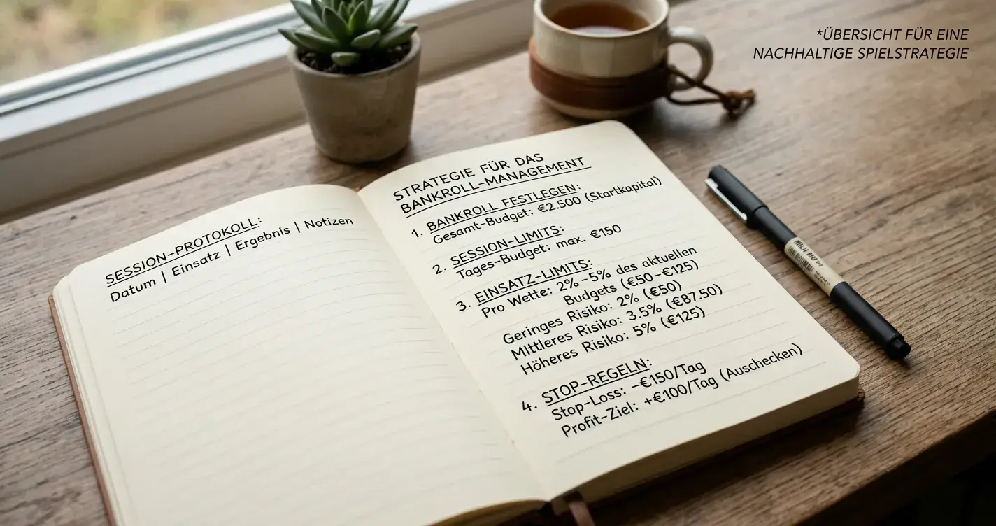 Notizbuch mit handschriftlicher Bankroll-Planung und Stift — Einsatzlimits und Sitzungsbudget im Fokus