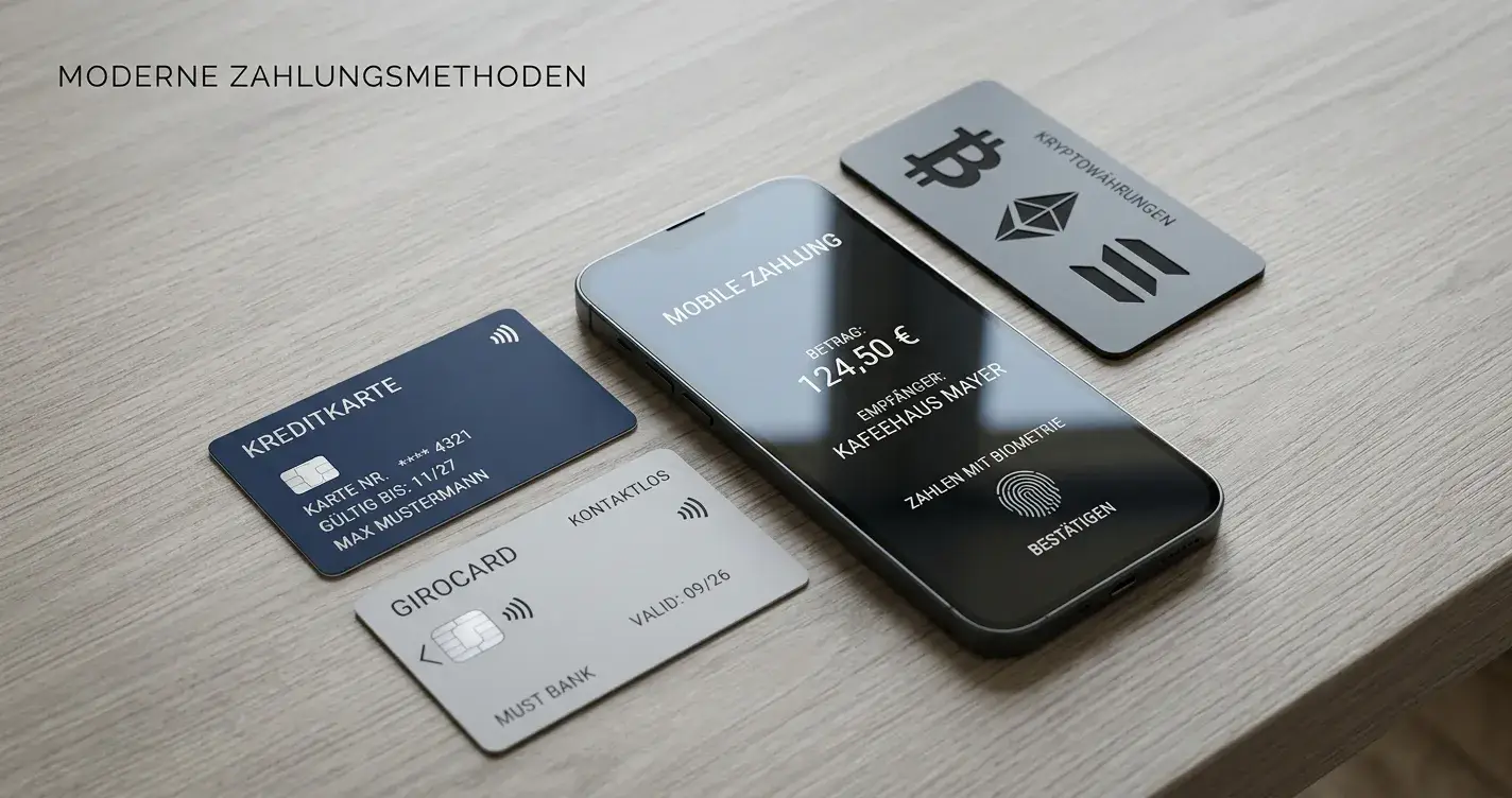 Neutrale Darstellung von Zahlungsmethoden — Bankkarte, Smartphone und abstrakte Krypto-Symbole ohne Markenfokus