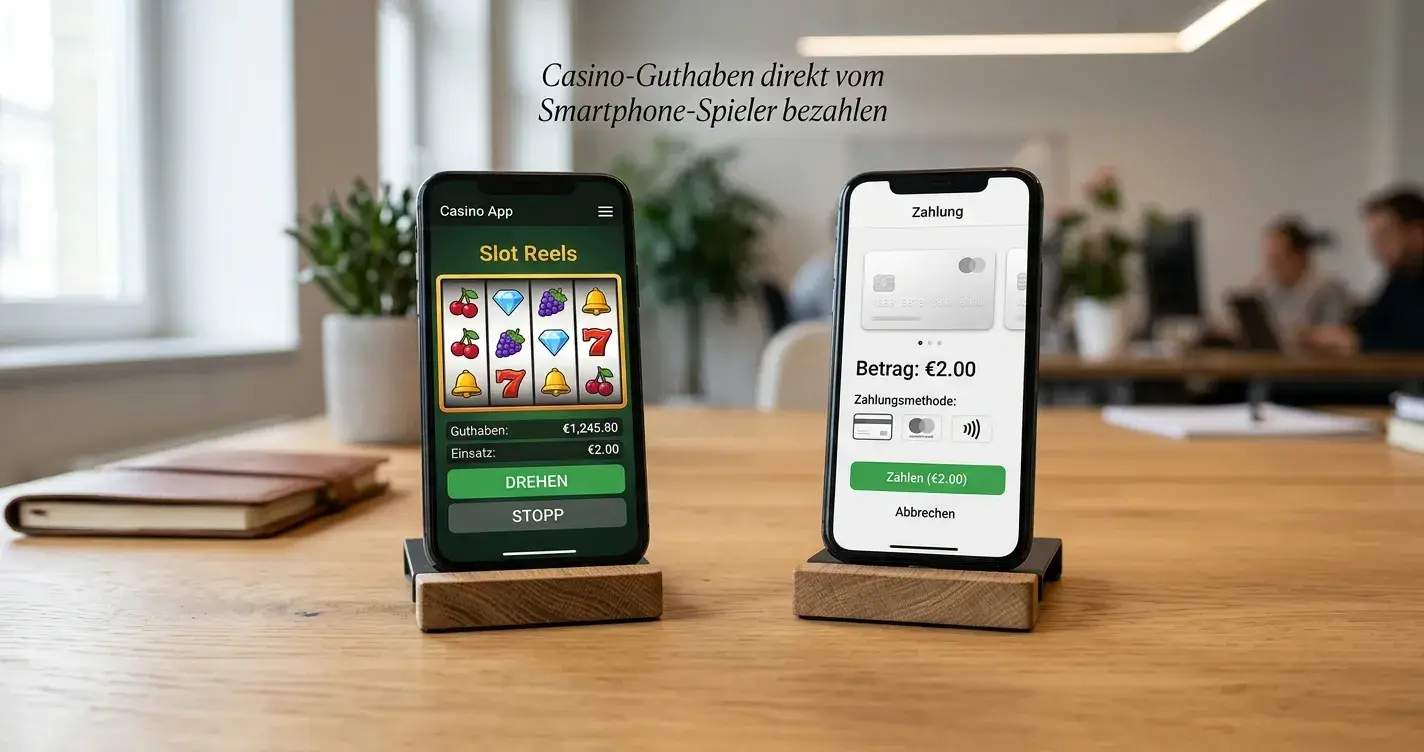 Zwei Smartphones nebeneinander, links Demo-Spiel, rechts Zahlungs-Interface