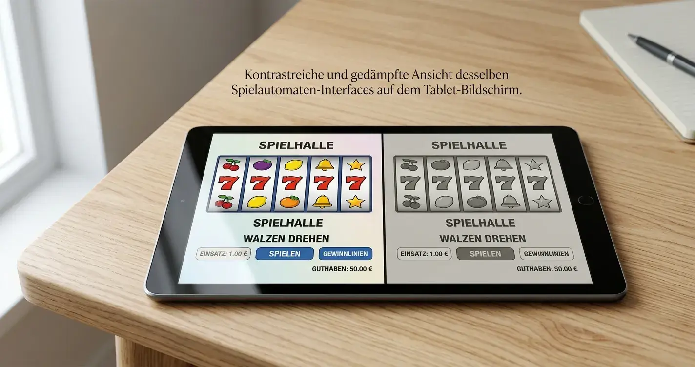 Tablet mit zwei nebeneinander geöffneten Casino-Ansichten, eine farbig und eine grau