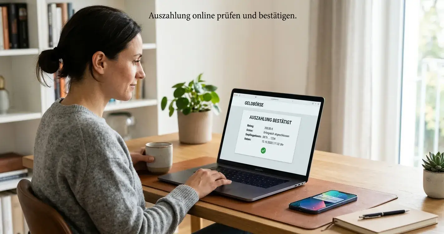 Person am Laptop prüft E-Wallet-Auszahlung auf neutraler Banking-Oberfläche
