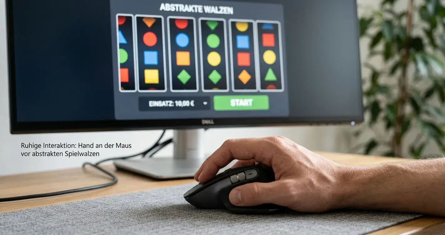Nahaufnahme einer Hand an der Maus vor generischen Walzensymbolen ohne Markenbezug