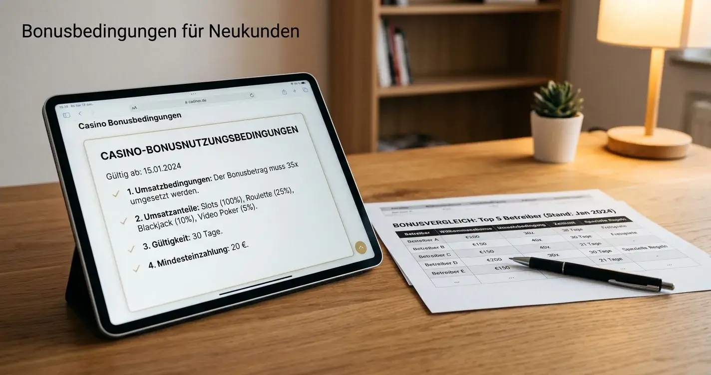 Tablet zeigt Casino-Bonusbedingungen mit Umsatzanforderungen und gedrucktem Vergleichsdokument