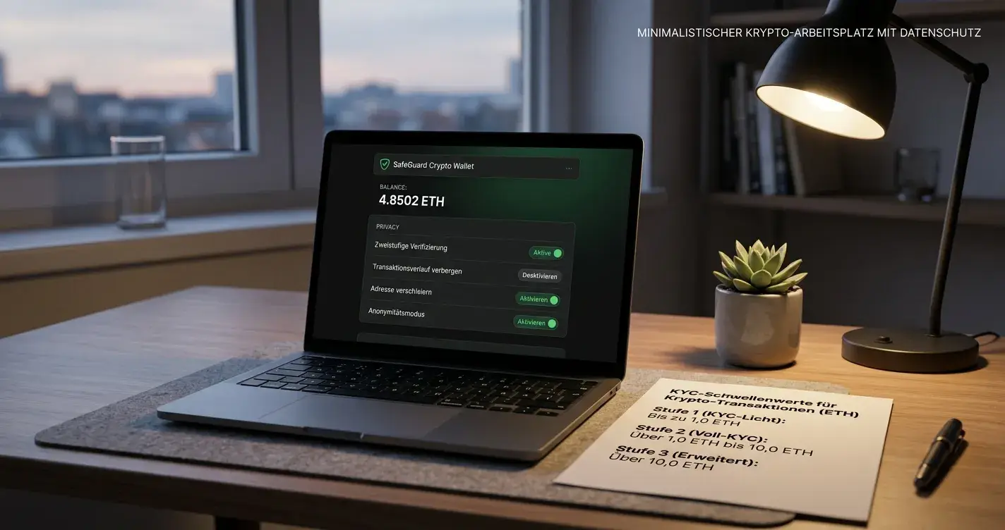 Laptop mit Krypto-Wallet-Datenschutzeinstellungen und Dokumenten zu KYC-Schwellen in ETH