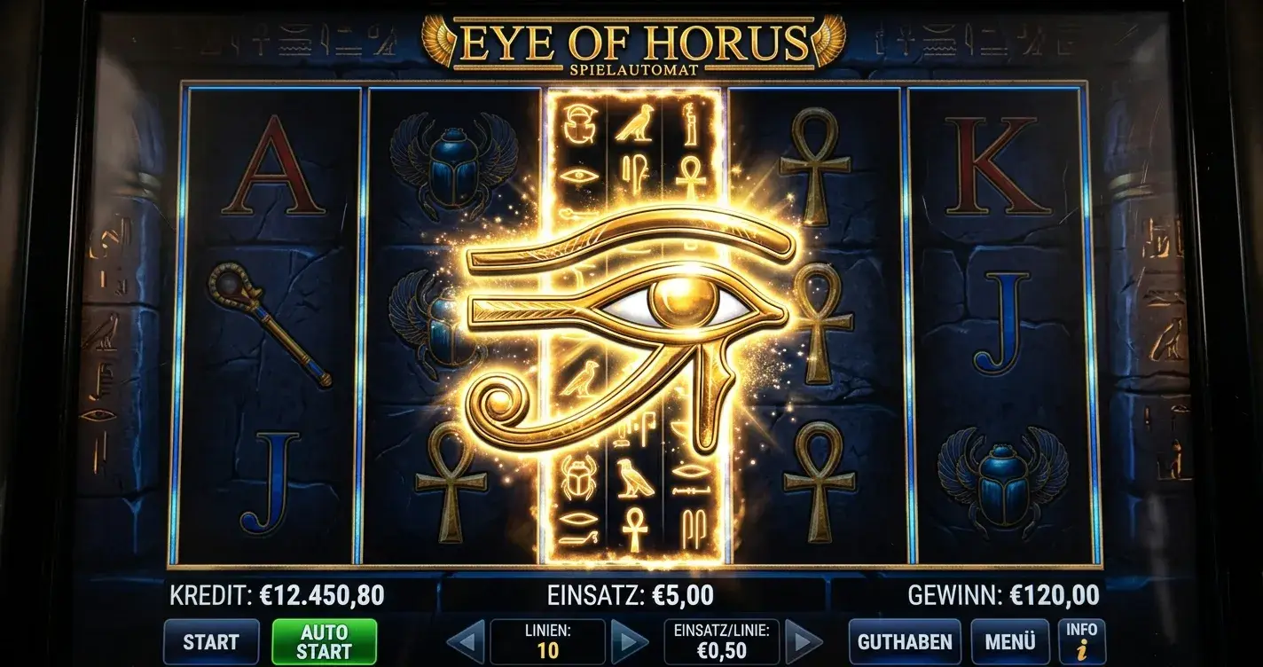 Eye of Horus Classic Spielfeld mit Expanding Wild und Symbol-Upgrade-Anzeige