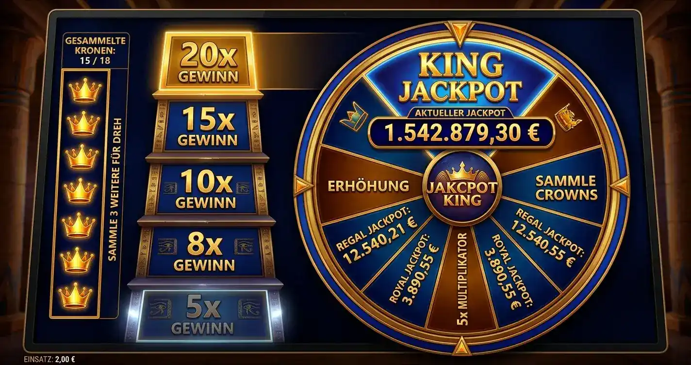 Eye of Horus Jackpot King Bonus-Rad mit Crown-Sammlung und Jackpot-Stufen