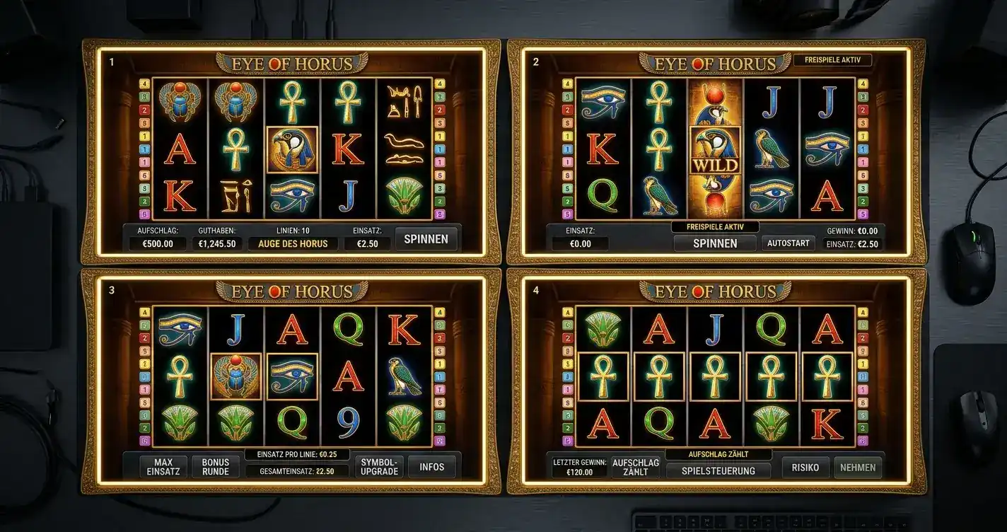 Eye of Horus Power 4 Slots mit vier parallelen Spielfeldern nebeneinander