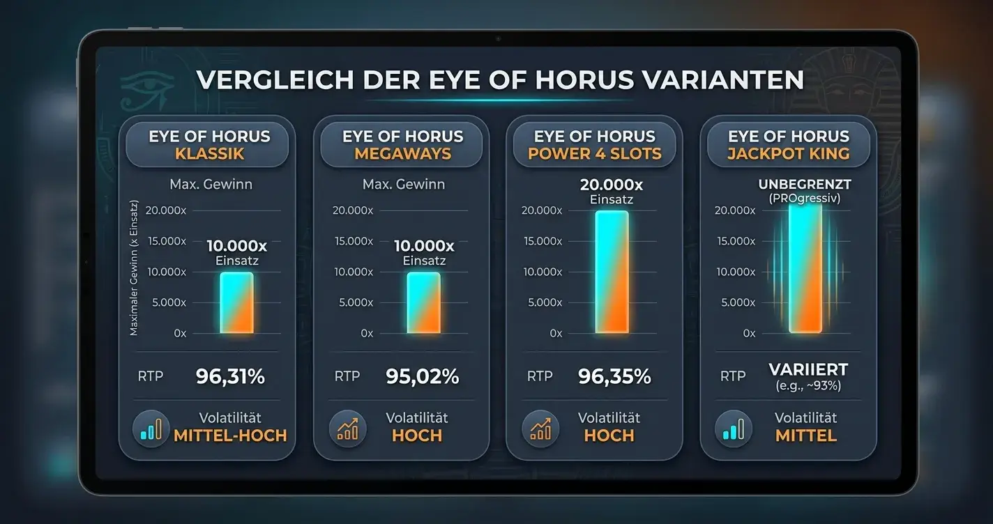 Vergleichsdiagramm der Max-Win-Werte und RTP-Prozentsätze aller vier Eye-of-Horus-Varianten