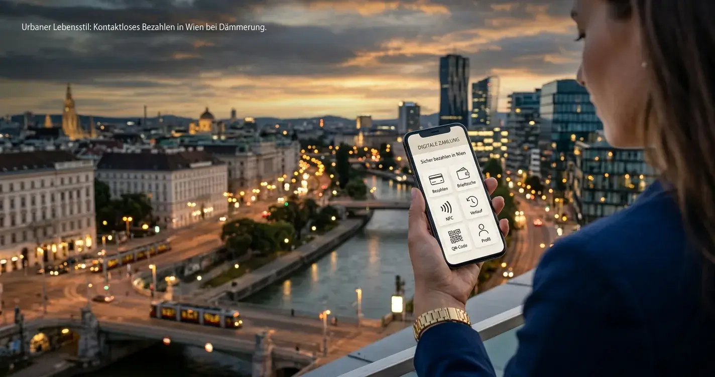 Österreichische Skyline mit mobilen Zahlungsmethoden-Icons im Vordergrund