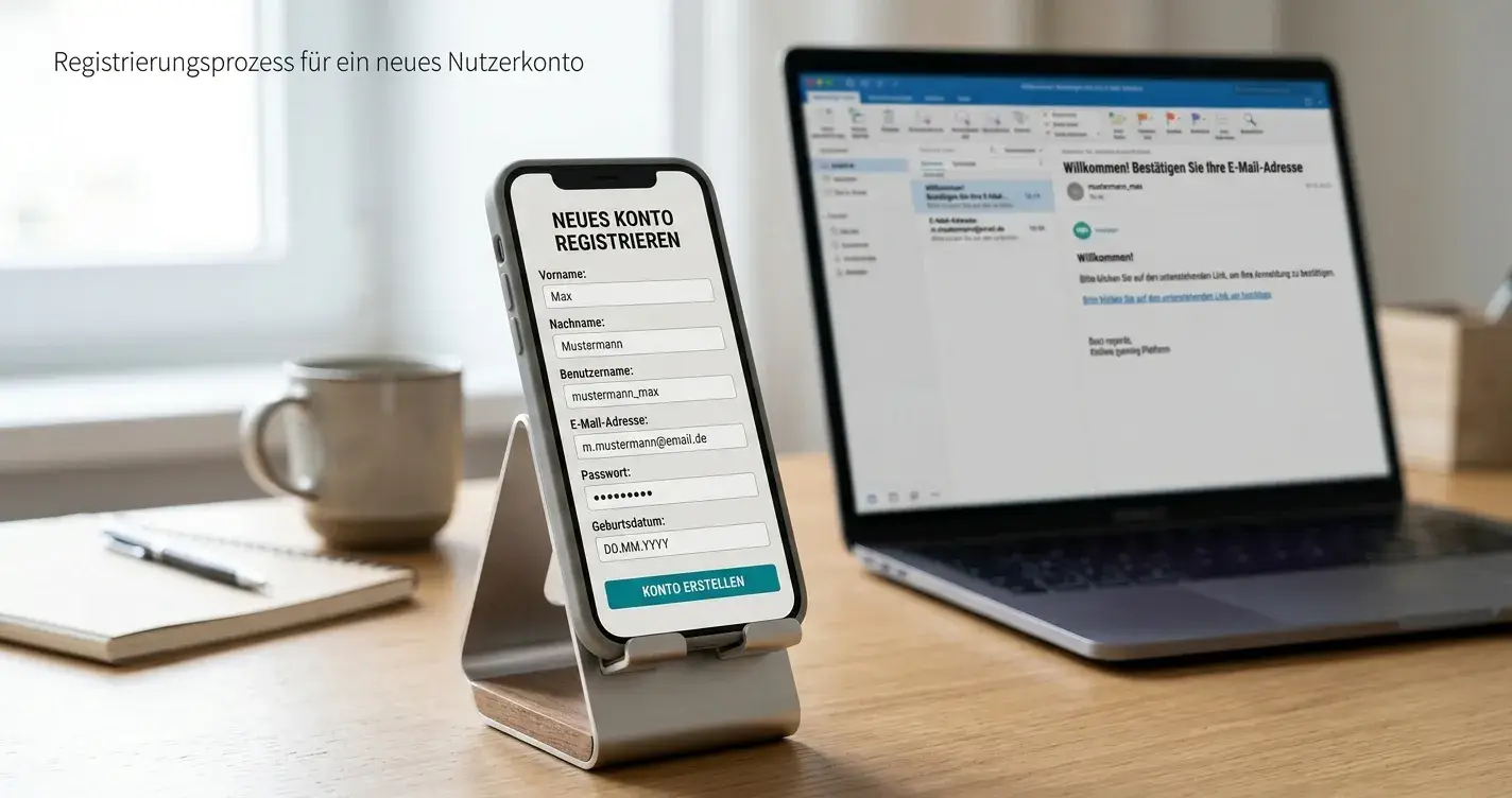 Smartphone mit Casino-Registrierungsformular und Bestätigungs-Email