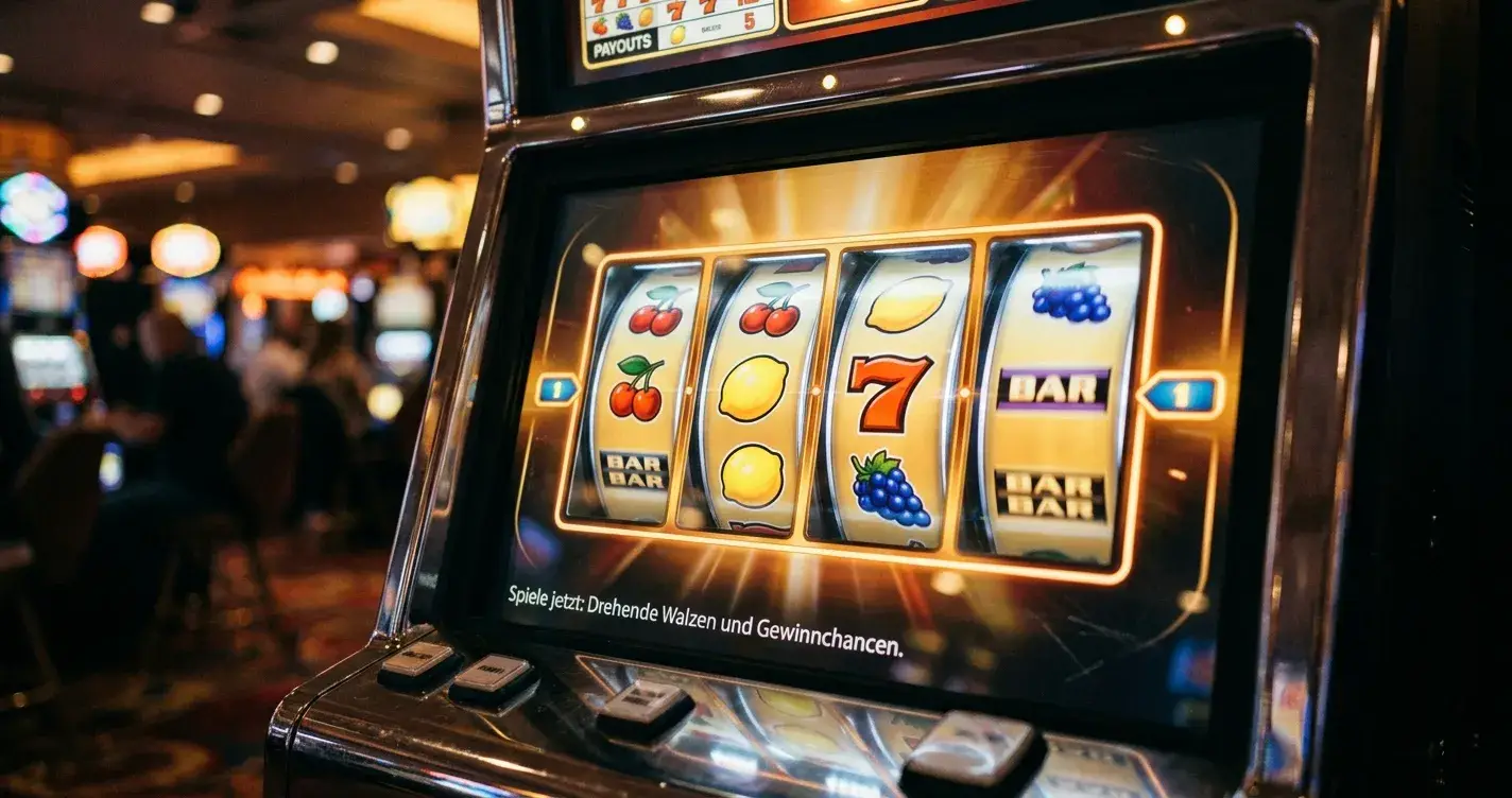 Slot-Machine-Display zeigt rotierende Walzen mit klassischen Symbolen in warmem Licht