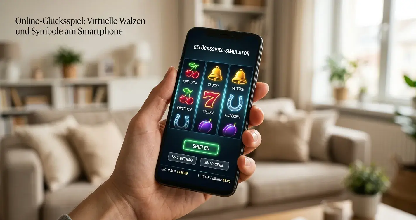Smartphone mit generischer Casino-Spielautomaten-Oberfläche und leuchtenden Walzen