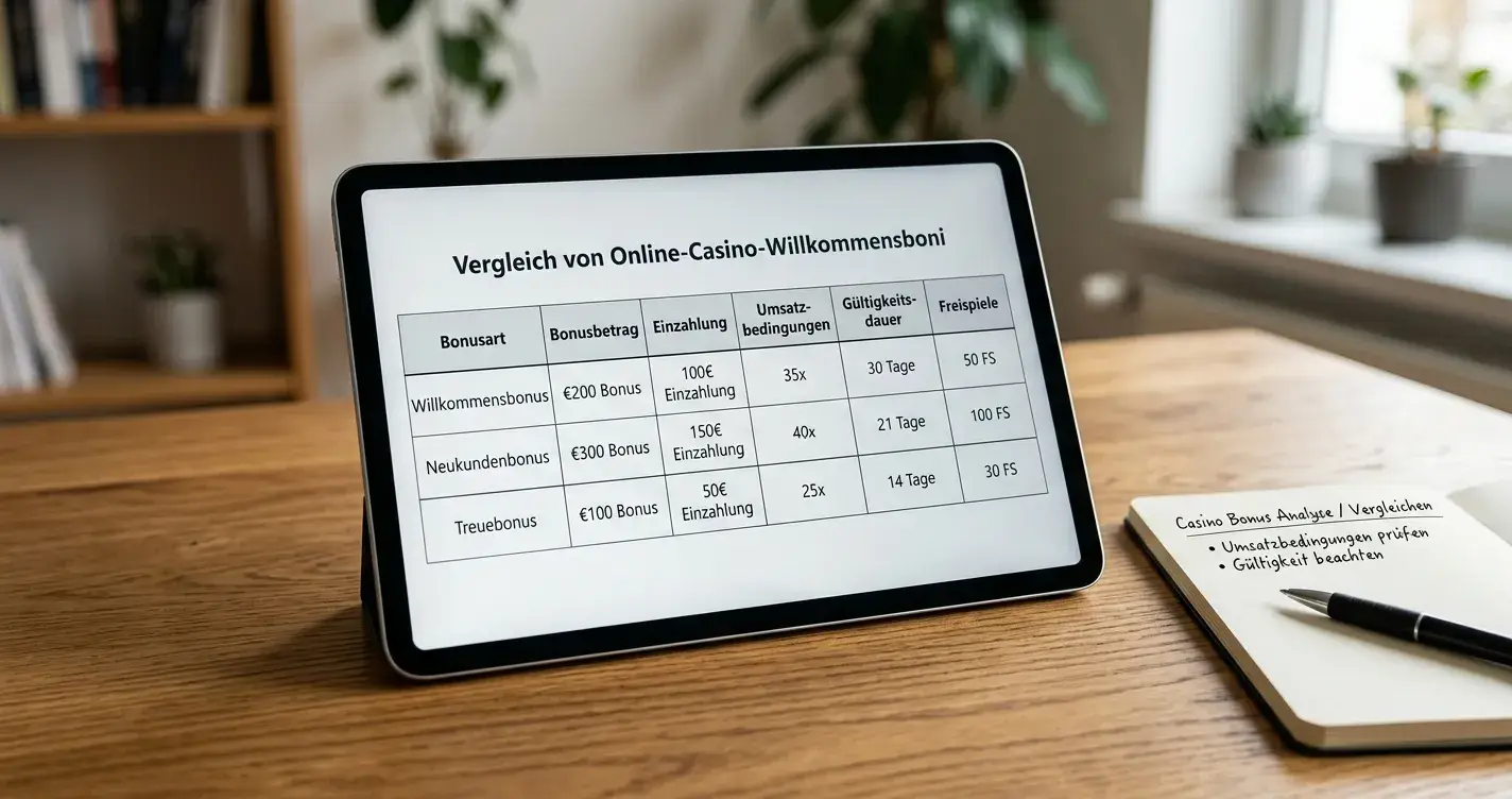 Vergleichstabelle von Casino-Freispielangeboten auf Tablet