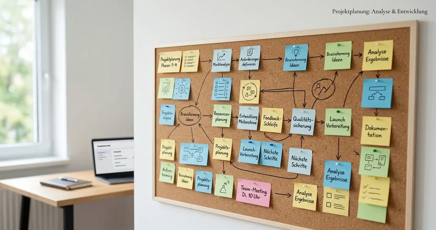 Planungsboard mit Notizen und Pfeilen als Sinnbild für die geplante Glücksspielreform in Österreich
