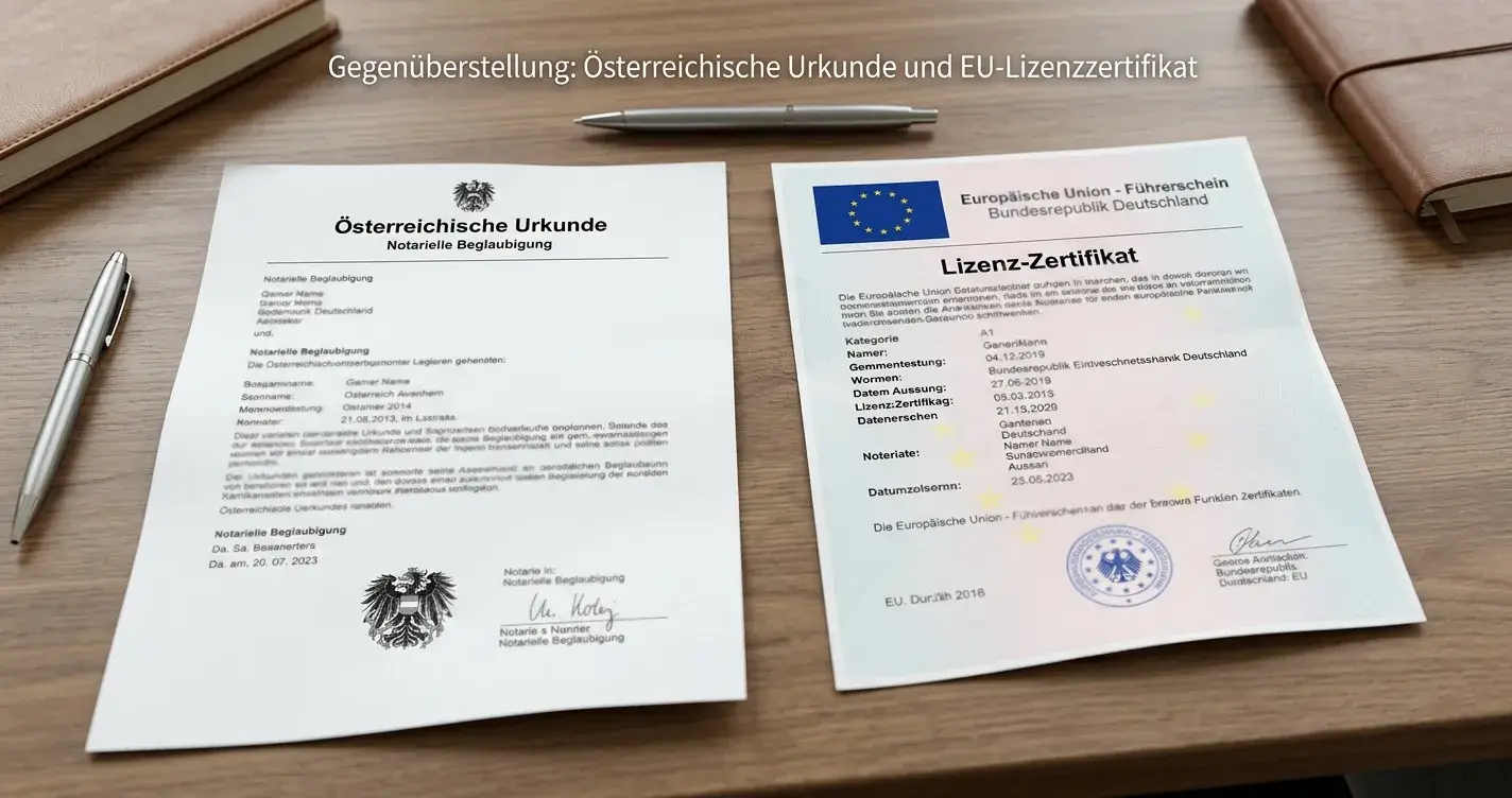 Österreichisches Glücksspielgesetz-Dokument neben EU-Lizenzzertifikat