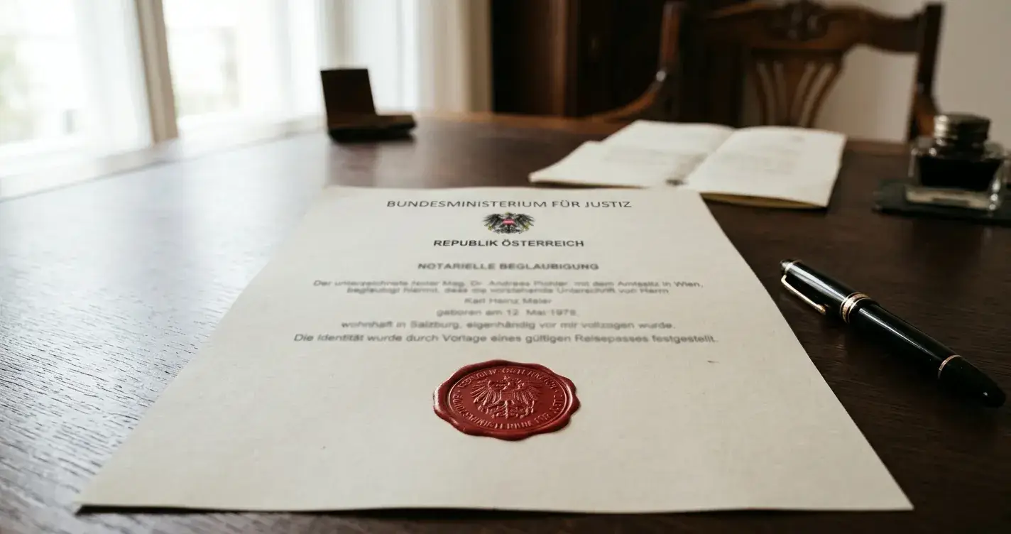 Offizielles österreichisches Rechtsdokument mit Bundesministerium-Stempel auf einem Schreibtisch
