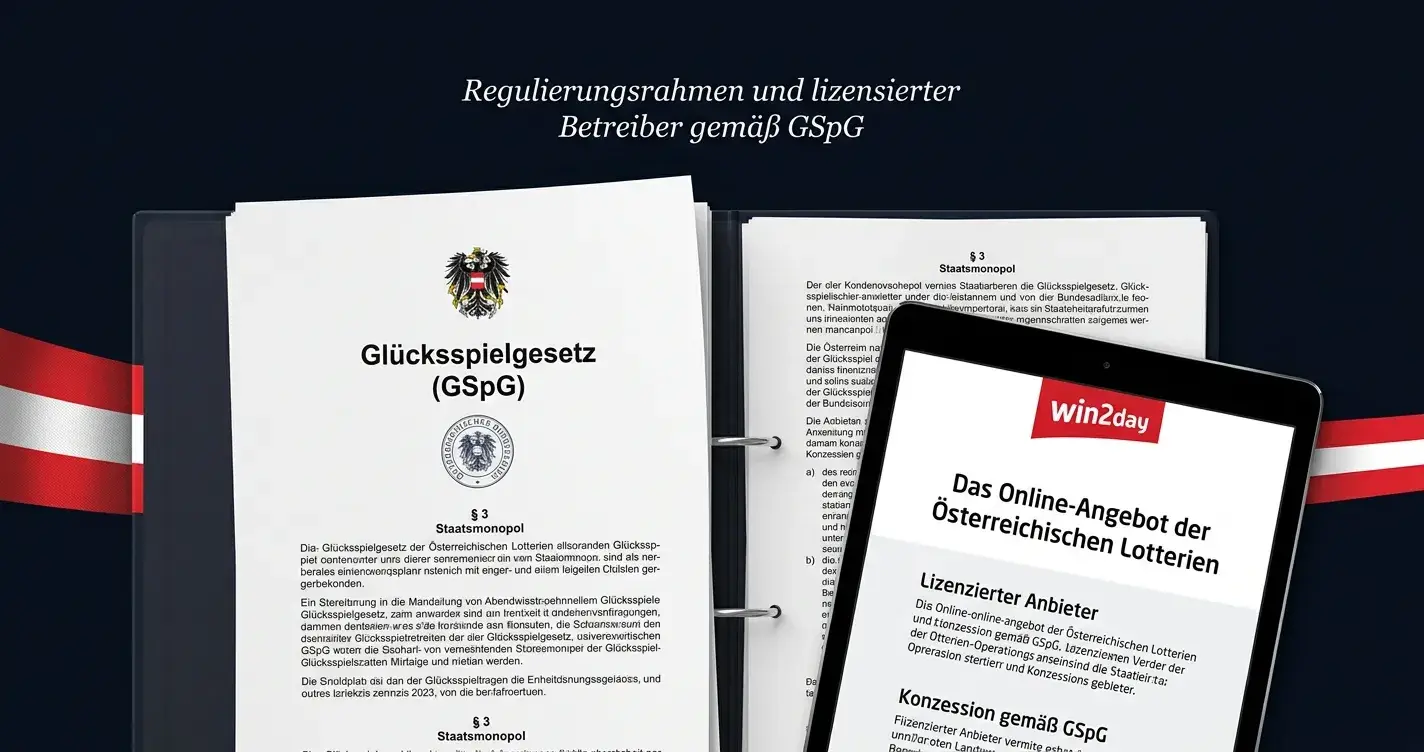 Österreichisches Glücksspielgesetz-Dokument neben win2day-Logo
