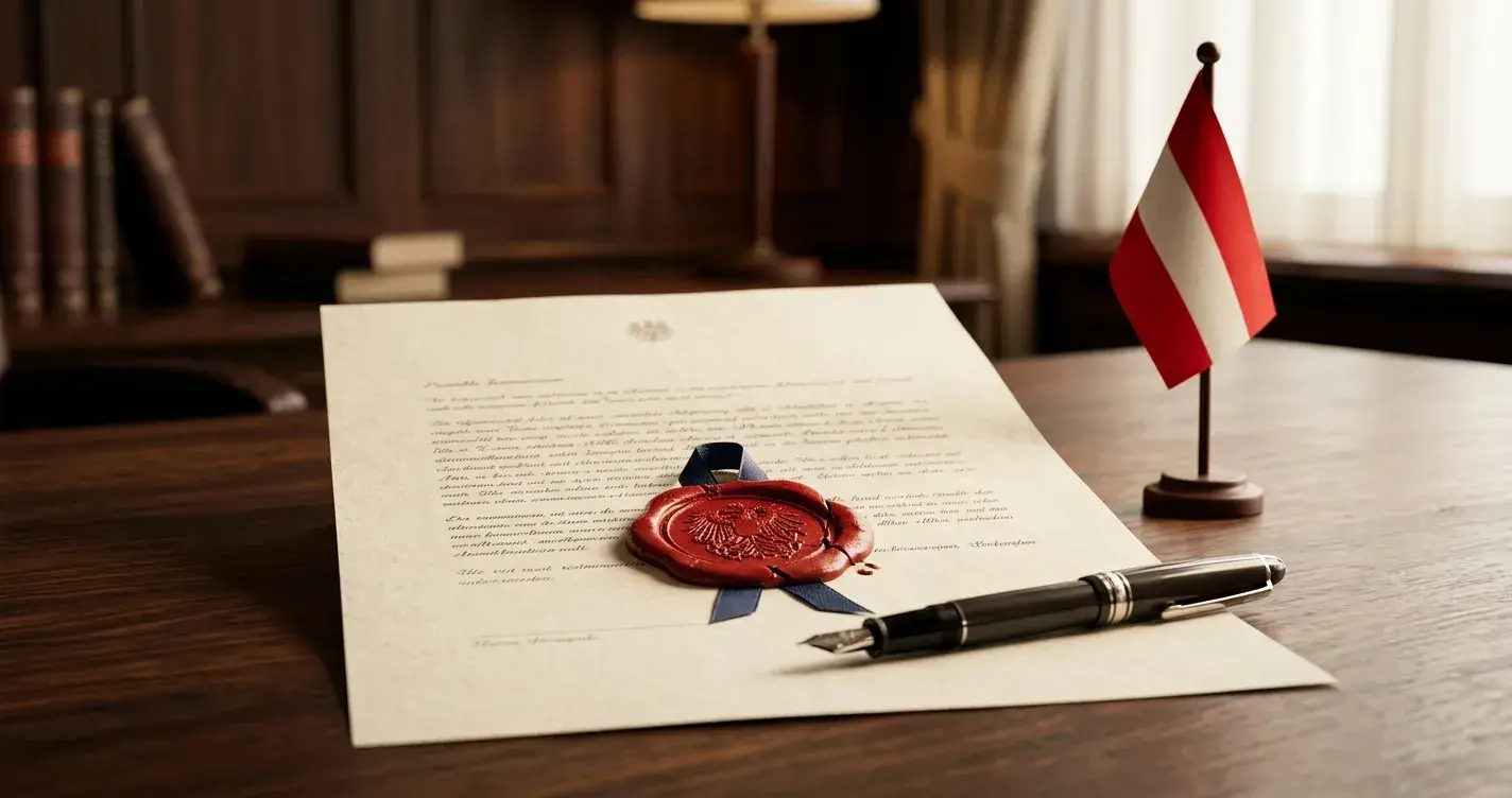 Offizielles Dokument mit Stempel auf einem Schreibtisch neben einer österreichischen Flagge