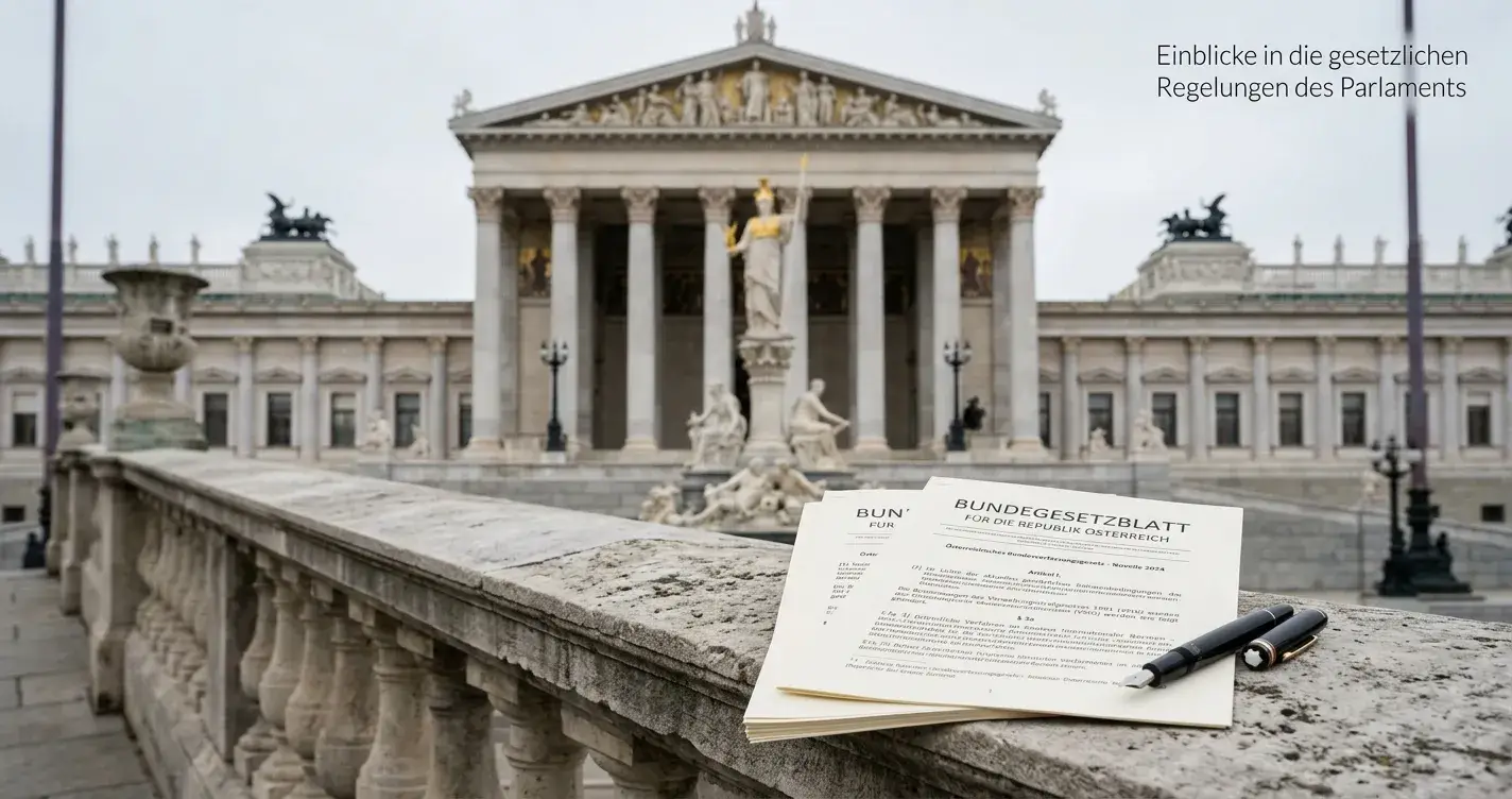 Österreichisches Parlamentsgebäude mit symbolischen Gesetzesdokumenten