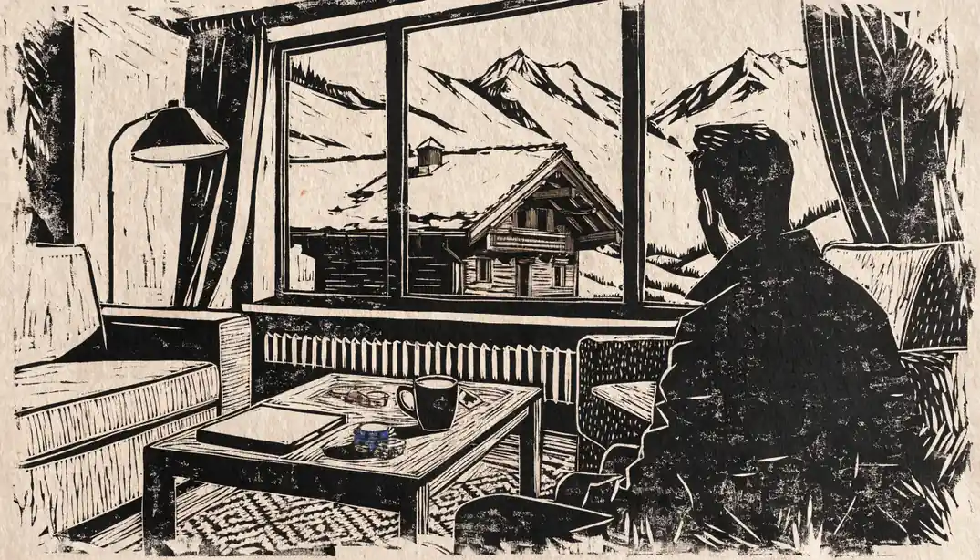 Modernes österreichisches Wohnzimmer mit Laptop, Casino-Chips und Alpenblick durch das Fenster.