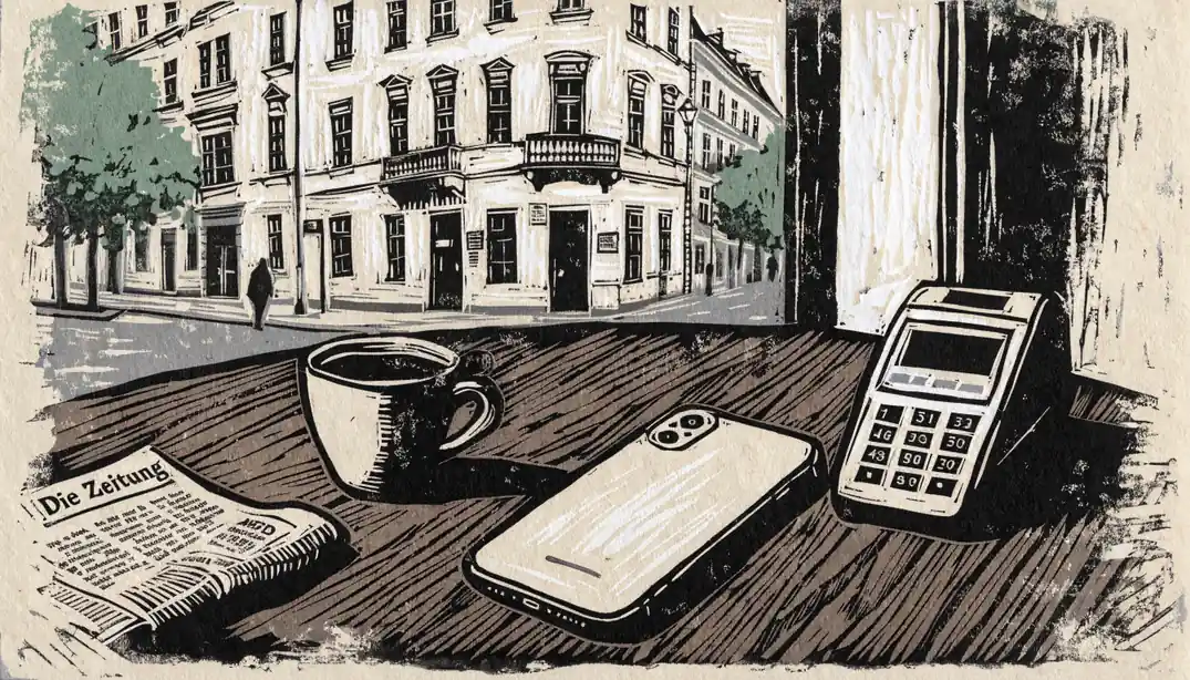 iPhone auf einem Wiener Cafétisch neben Kaffeetasse und Lesegerät