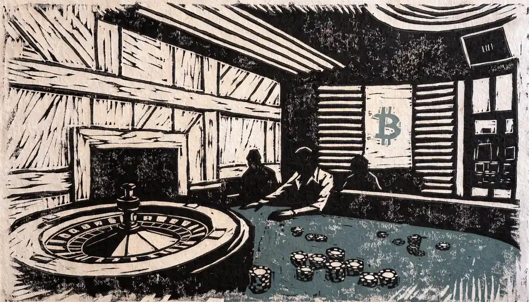 Stilvolles Casino-Interieur mit Roulette, Pokerchips und Bitcoin-Symbol