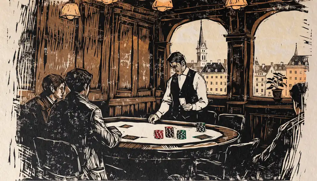 Gemütliche österreichische Casino-Lounge mit Blackjack-Tisch, Chip-Stapeln und Wiener Dachlandschaft im Hintergrund.