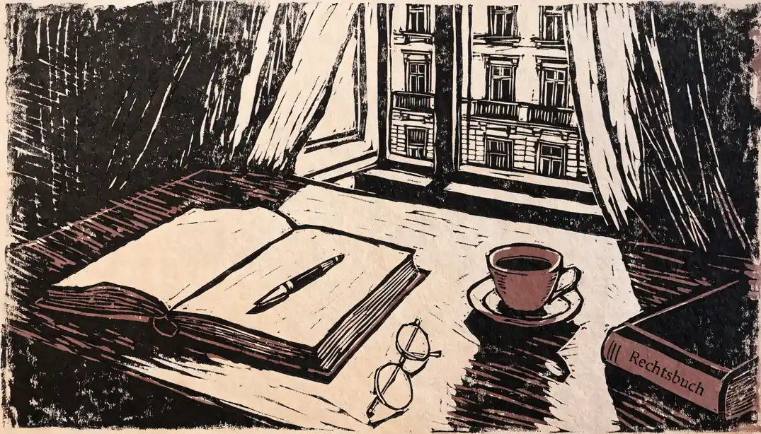 Holzschreibtisch mit Notizbuch, Brille und Kaffeetasse in Wiener Wohnung